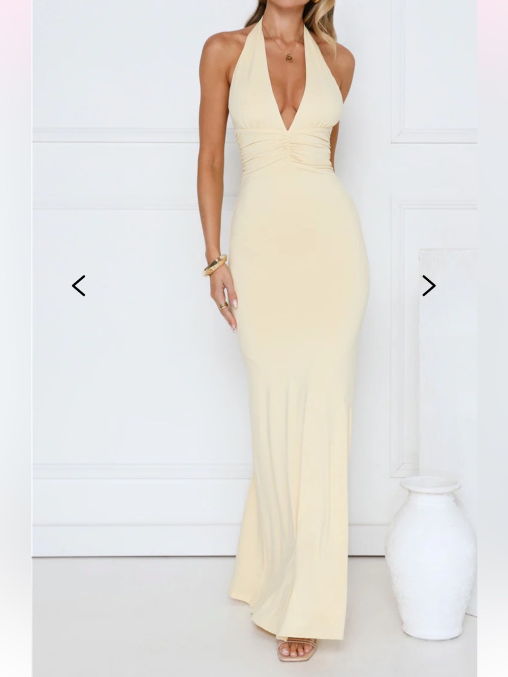 Plunging V-Neck Lemon Maxi Dress for Women wedding guest